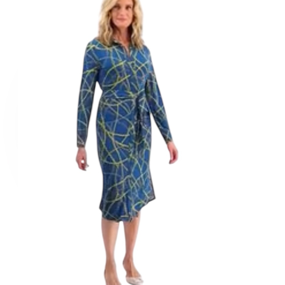 INC International Concepts Womens Print Shirtdress‎ Gold Silver Chains Modest S